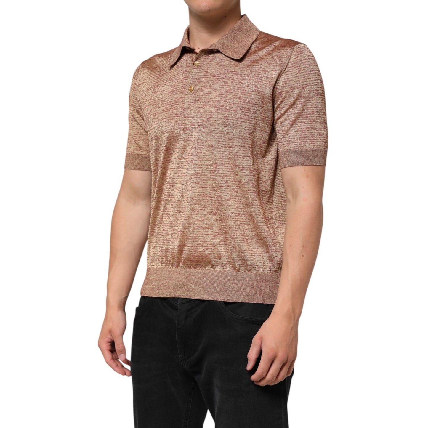 Dolce & Gabbana Brown Silk Textured Short Sleeve Polo T-shirt with soft sheen, modeled in black pants, showcasing regular fit elegance.
