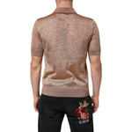 Back view of Dolce & Gabbana Brown Silk Textured Short Sleeve Polo T-shirt worn by a model, showcasing the luxurious fabric and design.