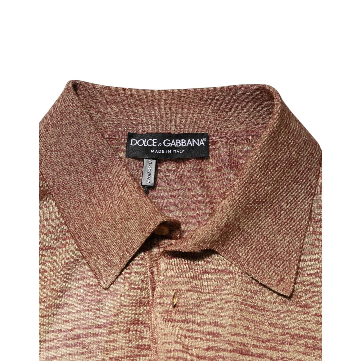 Dolce & Gabbana Brown Silk Textured Short Sleeve Polo T-shirt with collar view and brand label, made in Italy.