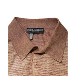 Dolce & Gabbana Brown Silk Textured Short Sleeve Polo T-shirt with collar view and brand label, made in Italy.