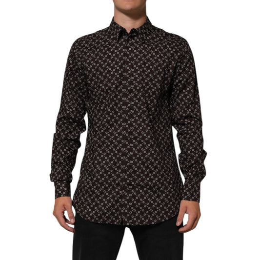 Dolce & Gabbana BrownFloral Collared GOLD Formal Dress Shirt with floral pattern and long sleeves, perfect for special occasions.