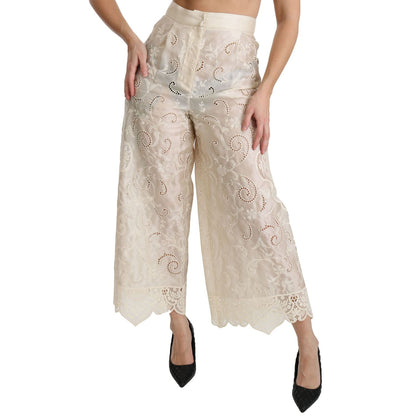 Dolce & Gabbana Cream Lace High Waist Palazzo Cropped Pants