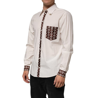 Dolce & Gabbana Cream White Cotton Polka Dot Slim Fit Shirt