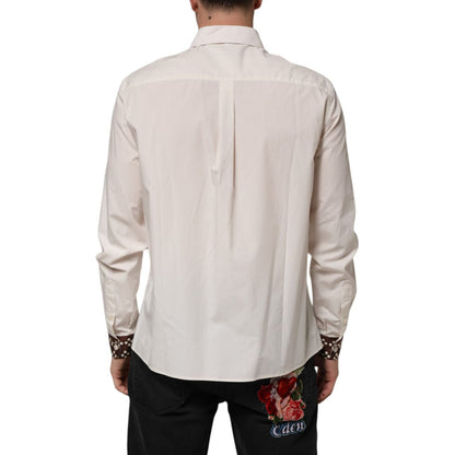 Dolce & Gabbana Cream White Cotton Polka Dot Slim Fit Shirt