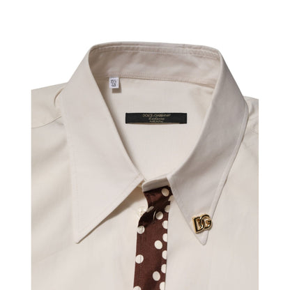 Dolce & Gabbana Cream White Cotton Polka Dot Slim Fit Shirt