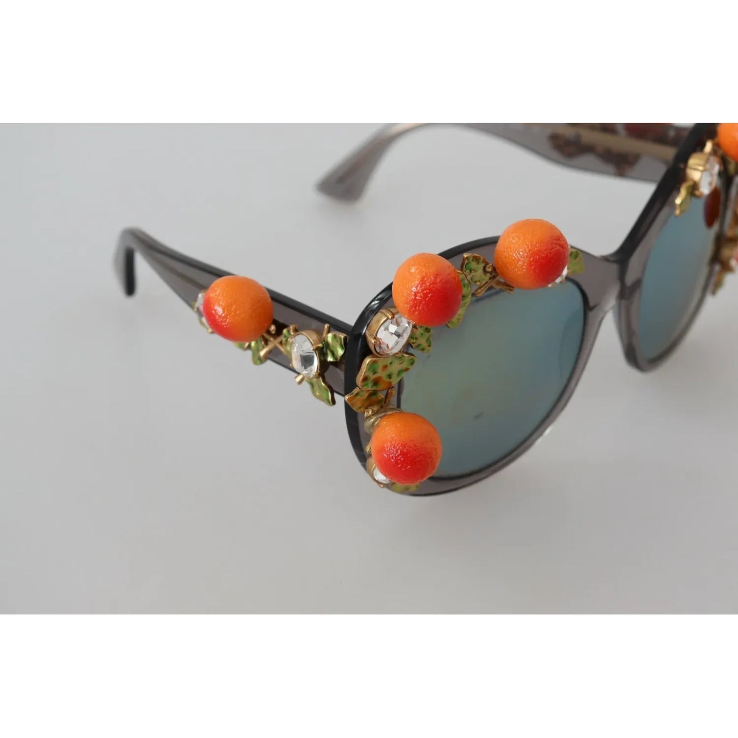 Dolce & Gabbana DG4283B Acetate Crystals Orange Appliques Sunglasses with gray lenses and glue marks on orange appliques.
