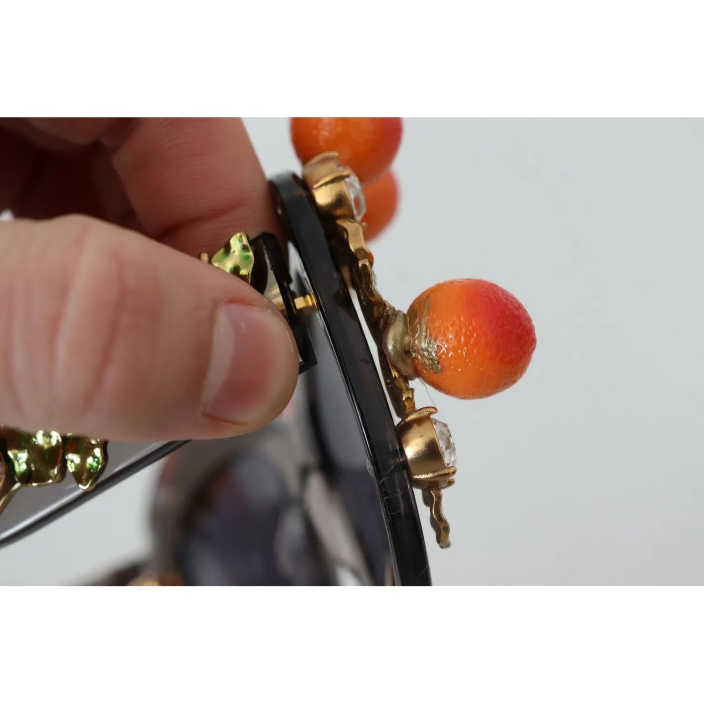 Dolce & Gabbana DG4283B Acetate Crystals Orange Appliques Sunglasses showing detail with orange applique and minor glue marks.