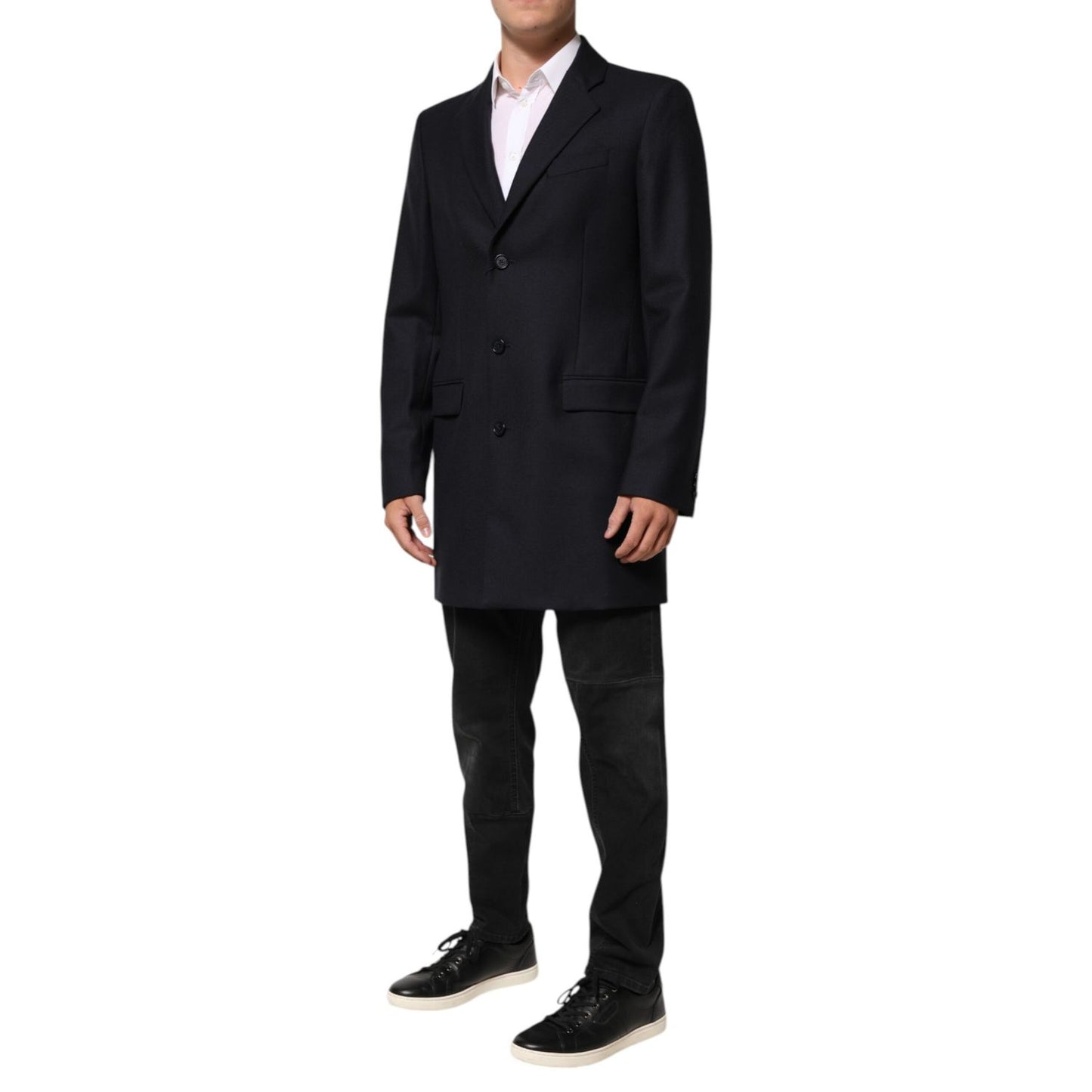 Dolce & Gabbana Dark Blue Wool Men Jacket Coat Blazer Suit with notch lapel and button closure, worn by a model.