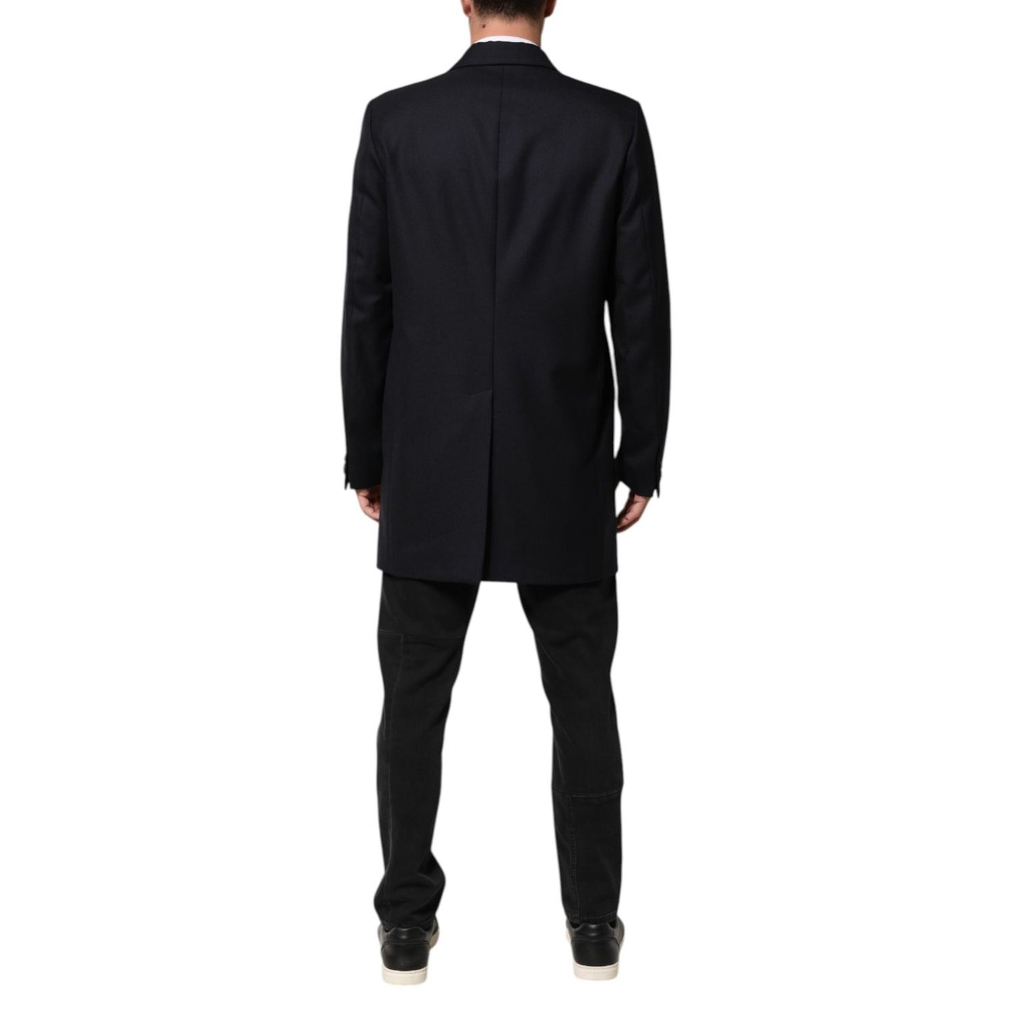 Back view of Dolce & Gabbana Dark Blue Wool Men Jacket Coat Blazer Suit in slim fit with notch lapel detailing.
