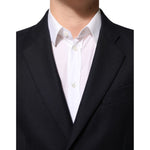 Dolce & Gabbana Dark Blue Wool Men Jacket Coat Blazer Suit with white shirt, close-up of notch lapel and button closure.