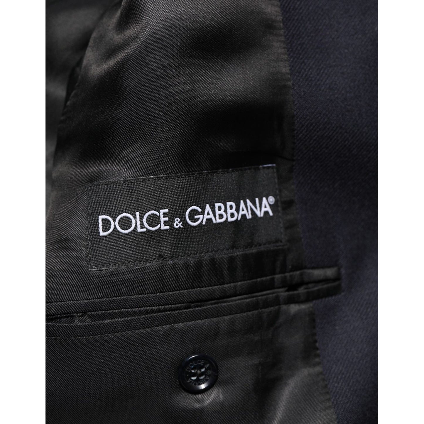 Dolce & Gabbana Dark Blue Wool Men Jacket Coat Blazer Suit interior with logo detail showcasing luxury craftsmanship.