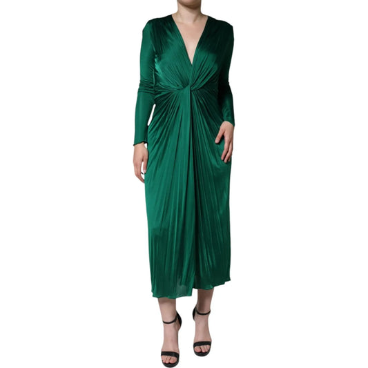 Dolce & Gabbana Dark Green Viscose Long Sleeve Midi Dress with twist detail and back zipper, made in Italy, exclusive style.