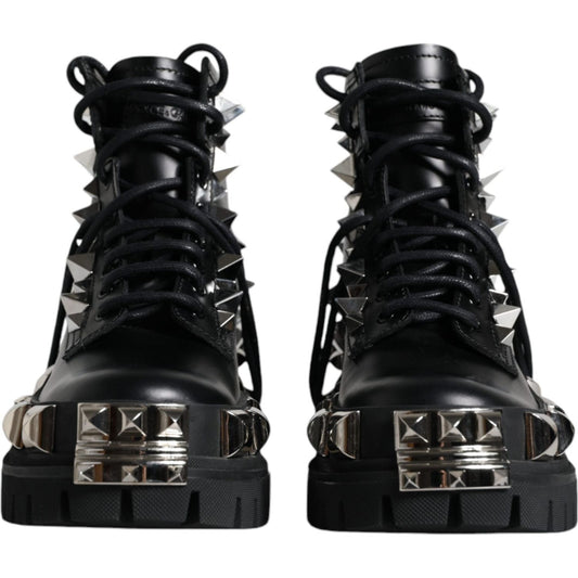 Dolce & Gabbana Black Leather Studded Trekking Boots Shoes LA12172-39.5