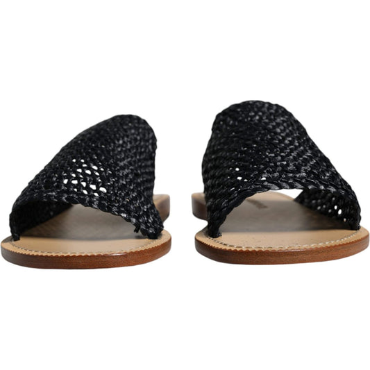 Dolce & Gabbana Black Monochrome Braided Raffia Slides Shoes MV6091-40