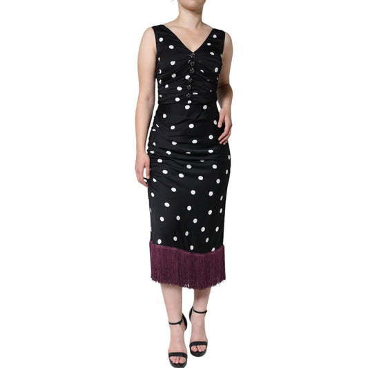 Dolce & Gabbana Black Silk Polka Dot Vneck Tassel Midi Dress DR281331-44