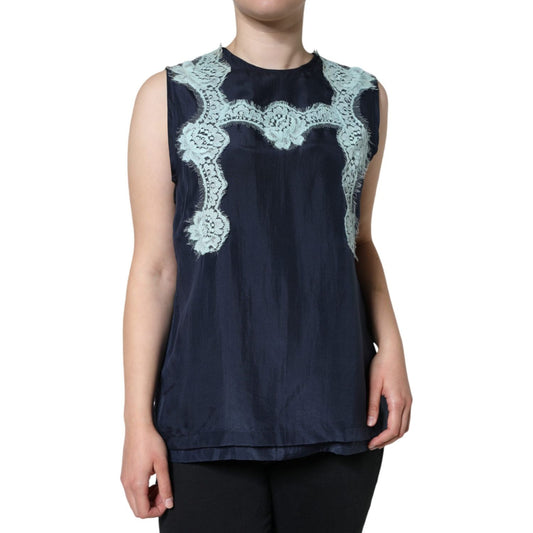 Dolce & Gabbana Blue Floral Lace Silk Sleeveless Tank Top TSH86538-48