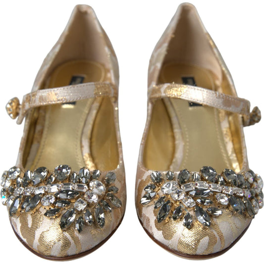 Dolce & Gabbana Gold Jacquard Crystal Mary Janes Pumps Shoes LA10957-35