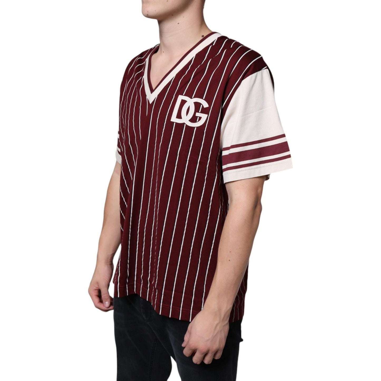 Dolce & Gabbana Maroon Stripes Cotton Logo V-neck T-shirt TSH86651-50