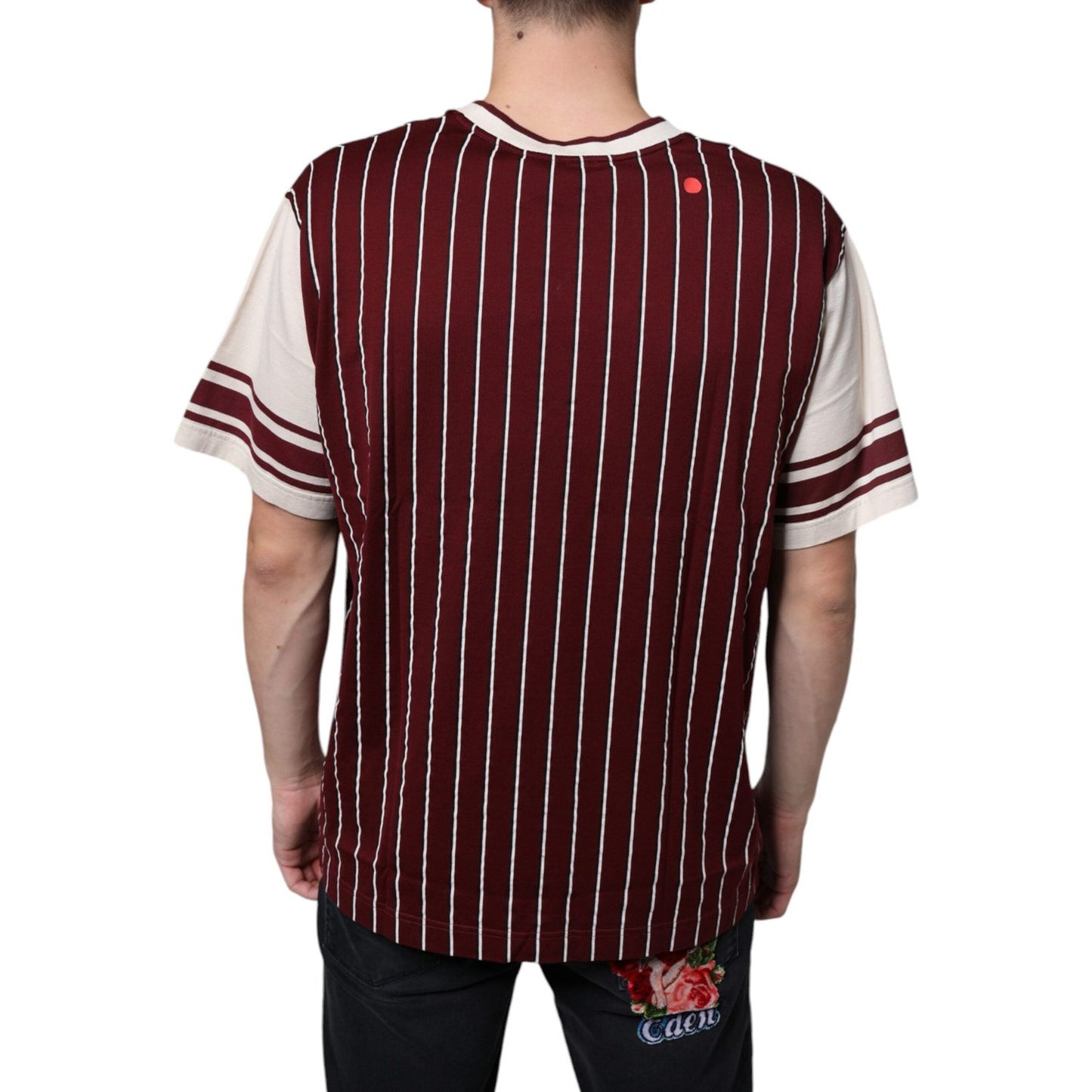 Dolce & Gabbana Maroon Stripes Cotton Logo V-neck T-shirt TSH86651-50