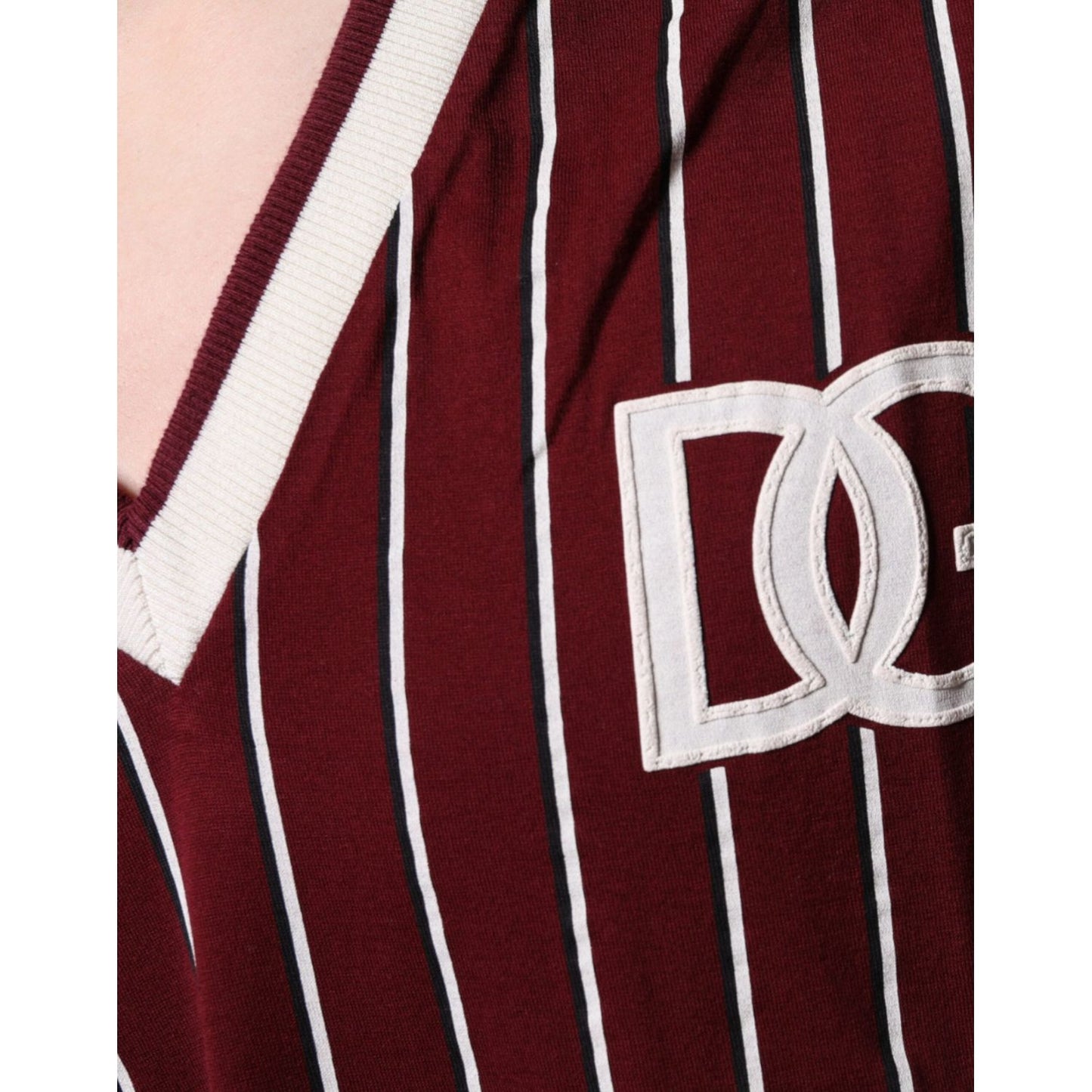 Dolce & Gabbana Maroon Stripes Cotton Logo V-neck T-shirt TSH86651-50