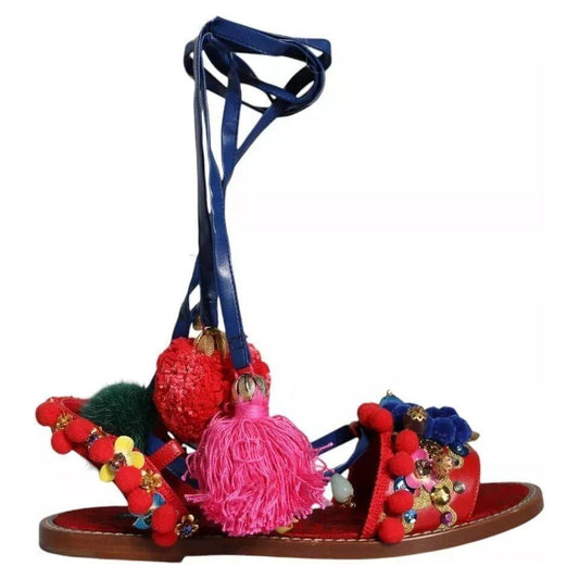 Dolce & Gabbana Multicolor Pom Pom Fur Wrap Sandals Shoes LA11841-39