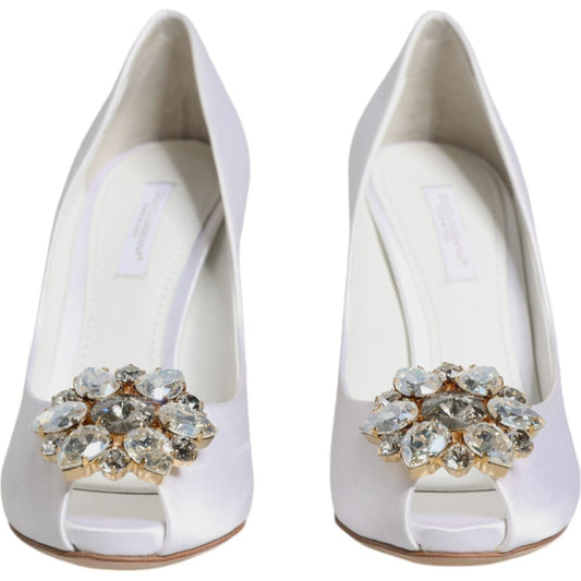 Dolce & Gabbana White Crystals Peep Toe Satin Pumps Shoes LA11803-35.5