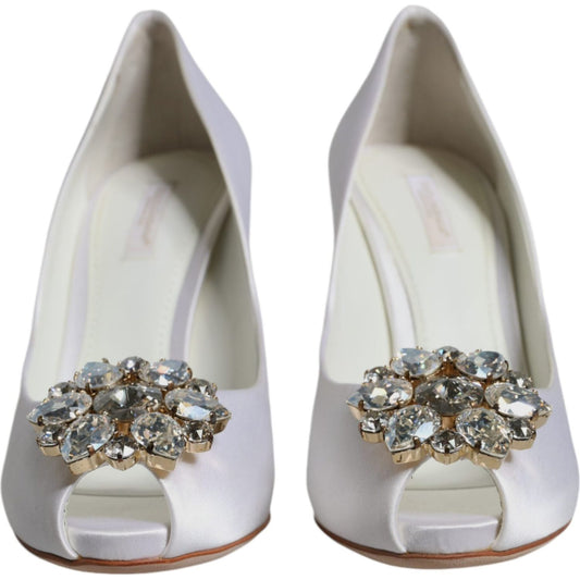 Dolce & Gabbana White Crystals Peep Toe Satin Pumps Shoes LA11804-38.5