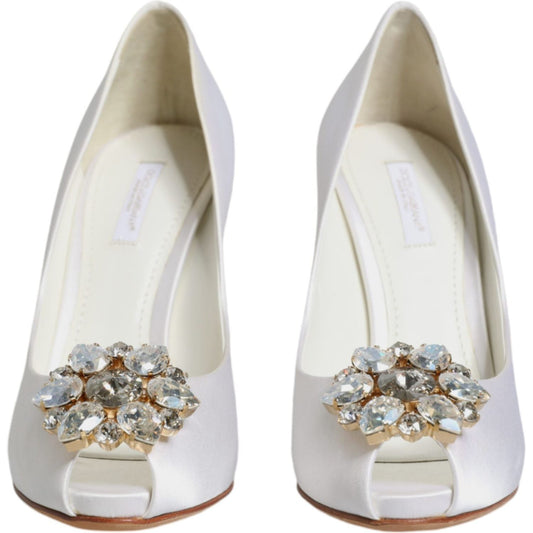 Dolce & Gabbana White Crystals Peep Toe Satin Pumps Shoes LA11867-37.5