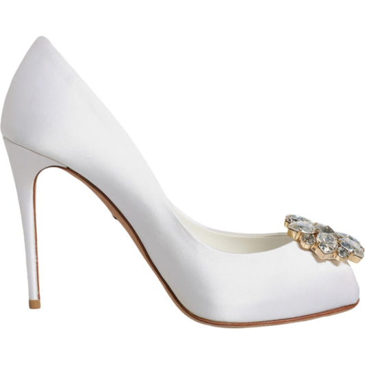 Dolce & Gabbana White Crystals Peep Toe Satin Pumps Shoes LA11867-37.5