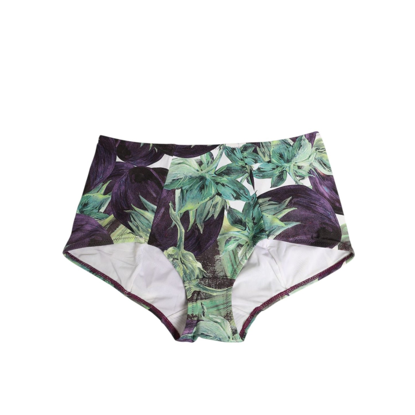 Dolce & Gabbana Eggplant Print High-Waist Briefs Underwear with green leaf design and white base, stylish and comfortable lingerie.