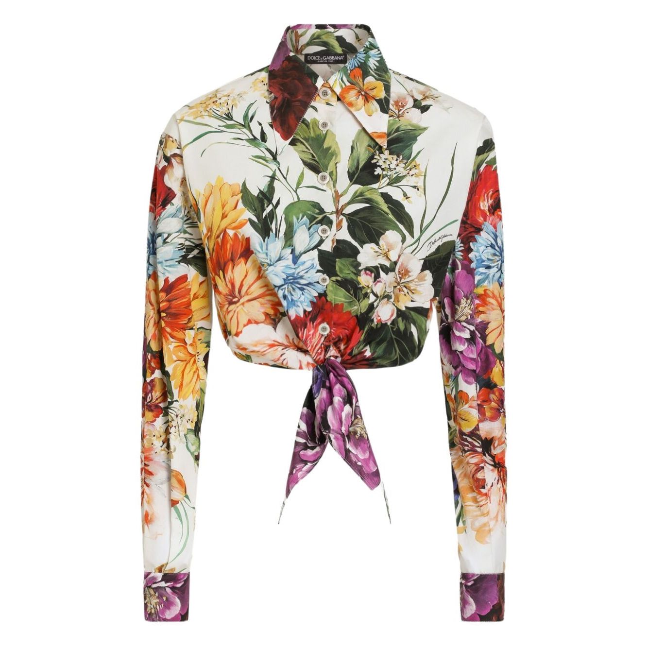 Dolce & Gabbana Floral print poplin shirt, light yellow with front button and self-tie fastening, featuring colorful flower print design.