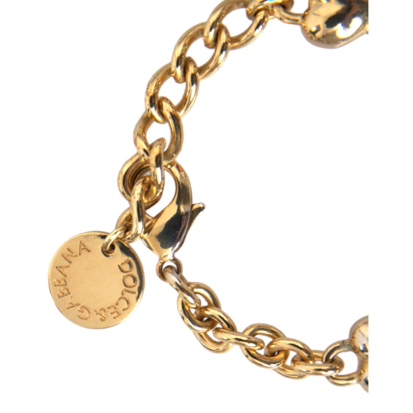 Dolce & Gabbana Gold Tone Brass Chain MY DOG Heart Bracelet featuring dog face enamel charm and logo details, women's fashion jewelry.