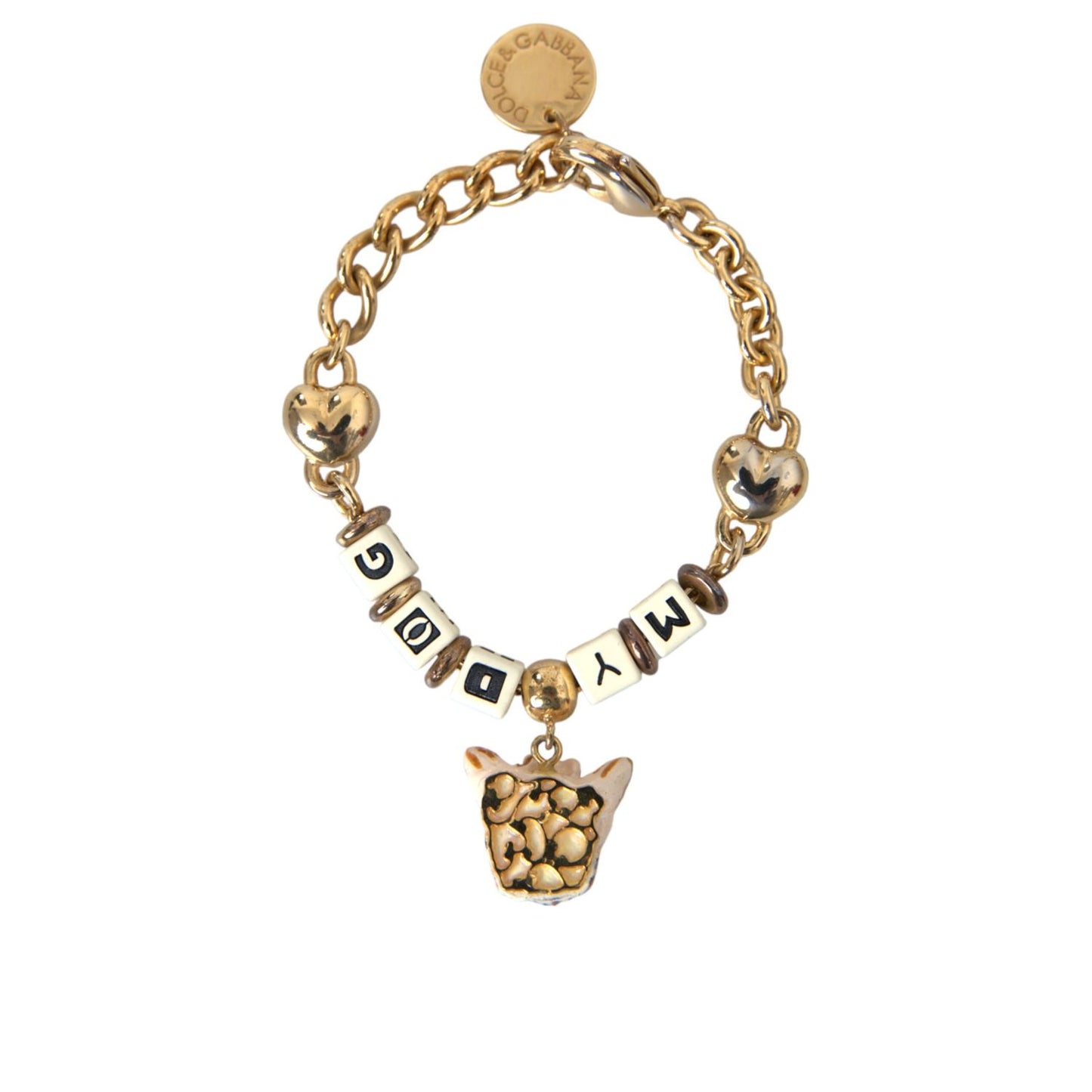 Dolce & Gabbana Gold Tone Brass Chain MY DOG Heart Bracelet with enamel dog charm and multicolored accents for women, 20cm with lobster closure.