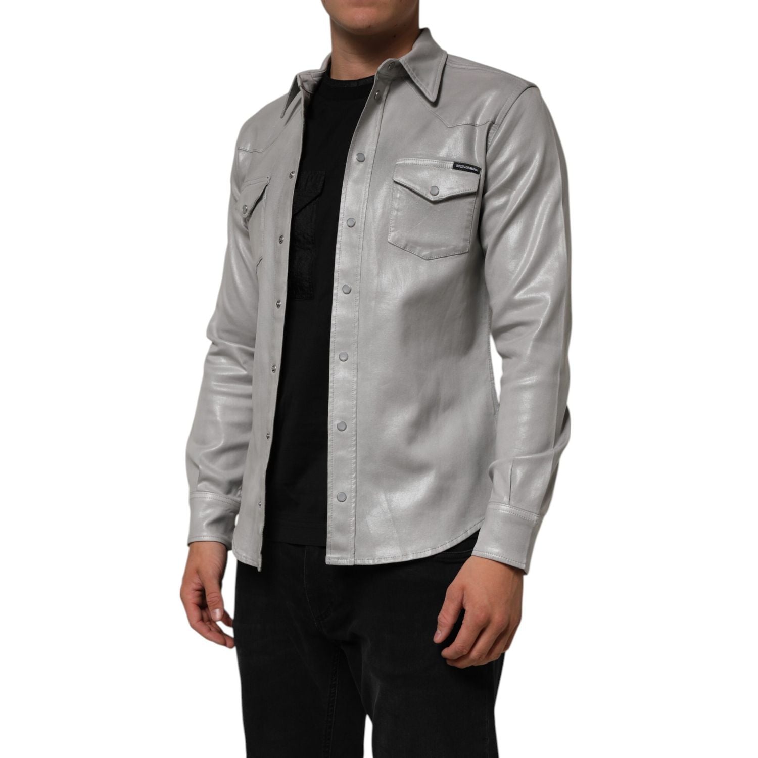 Dolce & Gabbana Gray Coated Cotton Snap Button Logo Men Shirt