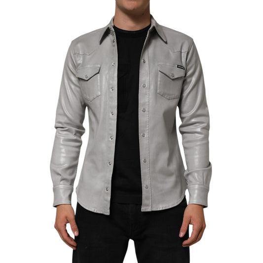 Dolce & Gabbana Gray Coated Cotton Snap Button Logo Men Shirt – Stylish metallic finish with front pockets and snap closure.