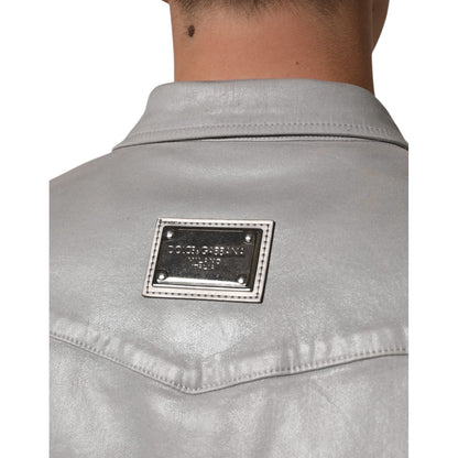 Dolce & Gabbana Gray Coated Cotton Snap Button Logo Men Shirt