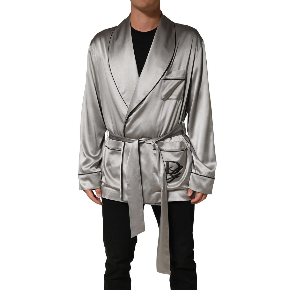 Dolce & Gabbana Gray Silk Satin Robe Embroidered Jacket