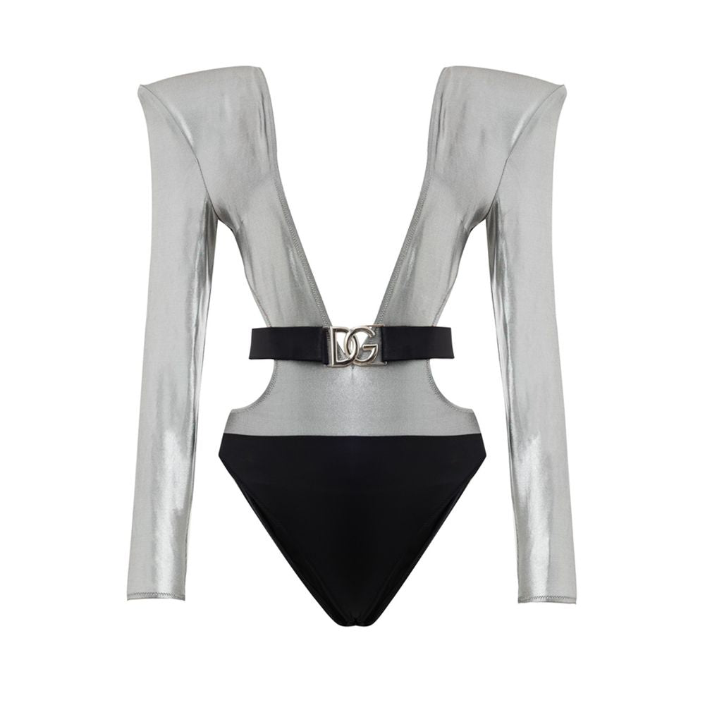 Dolce & Gabbana Gray Viscose One-Piece Swimsuit, silver with long sleeves, padded shoulders, deep neckline, elasticated logo belt.