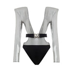 Dolce & Gabbana Gray Viscose One-Piece Swimsuit, silver with long sleeves, padded shoulders, deep neckline, elasticated logo belt.
