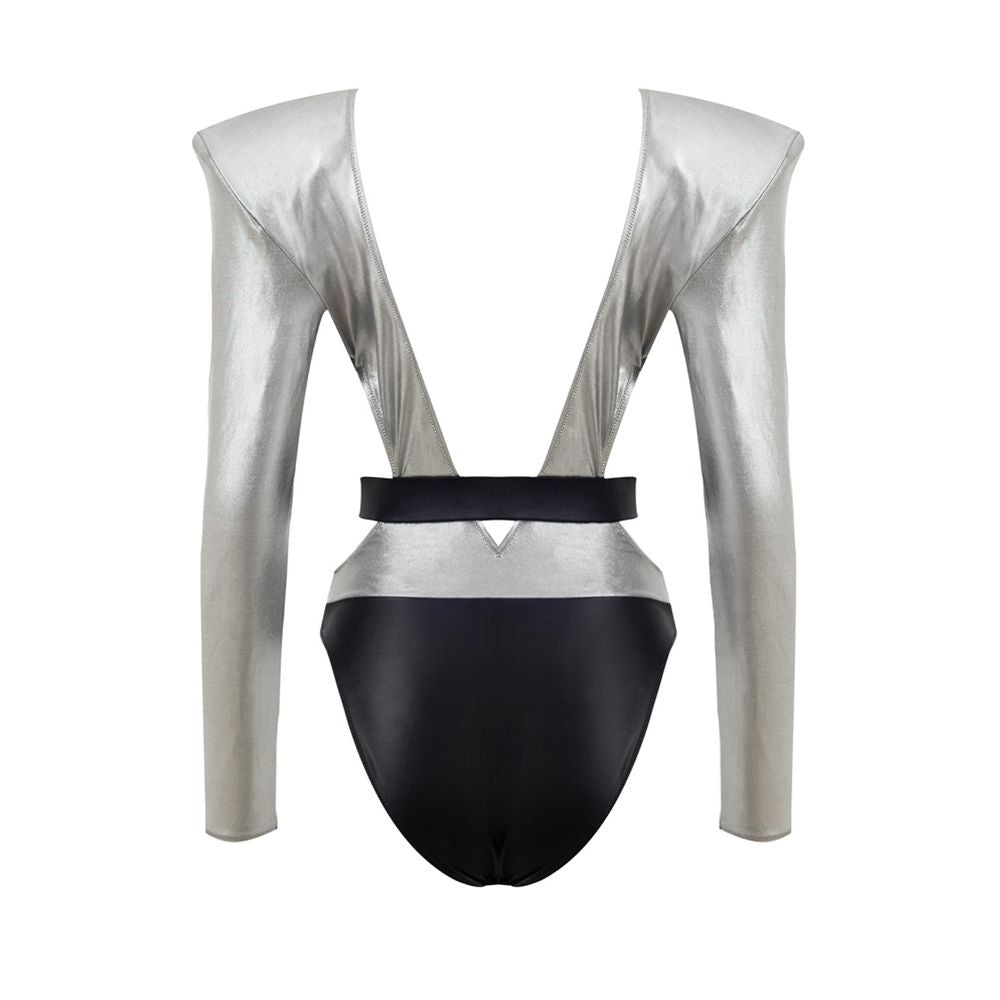 Dolce & Gabbana Gray Viscose One-Piece Swimsuit with long sleeves, deep neckline, padded shoulders, and elasticated belt in silver and black.
