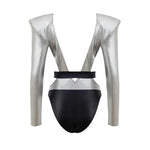 Dolce & Gabbana Gray Viscose One-Piece Swimsuit with long sleeves, deep neckline, padded shoulders, and elasticated belt in silver and black.