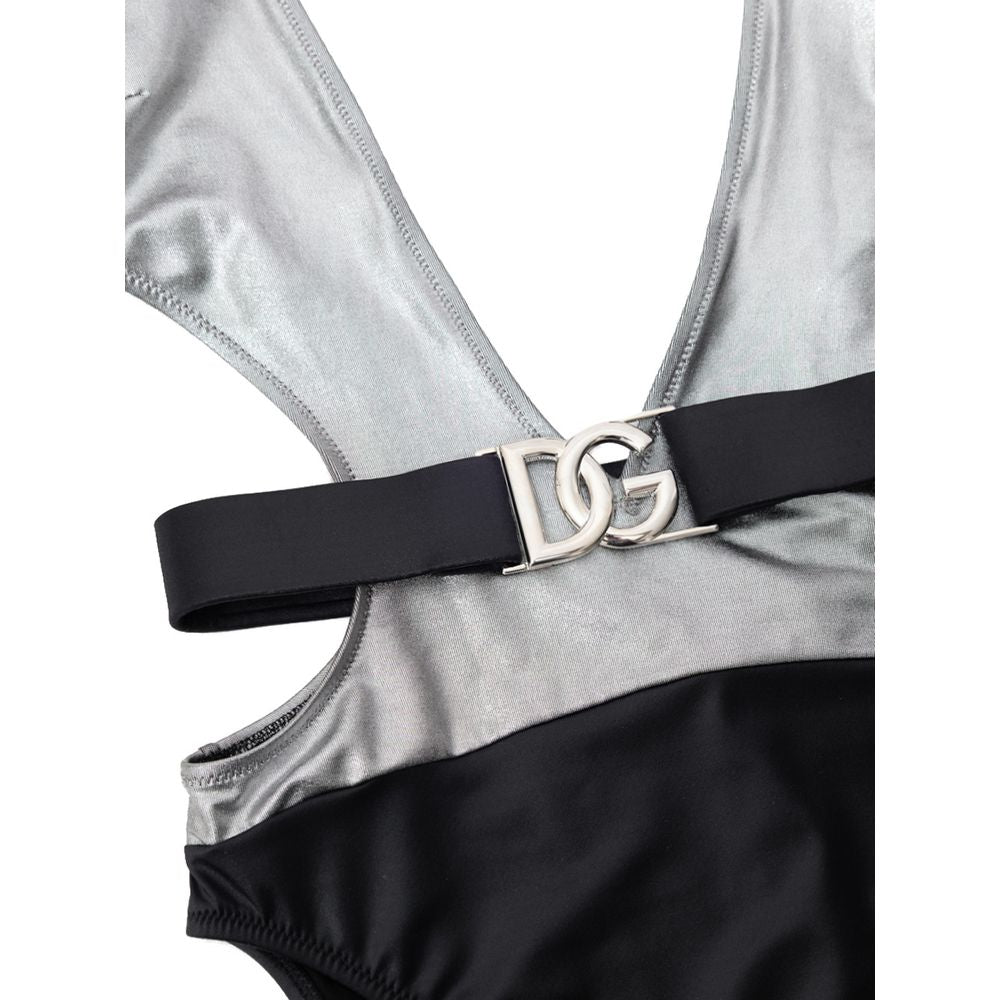 Dolce & Gabbana Gray Viscose One-Piece Swimsuit in silver and black with logo belt, long sleeves, and deep neckline, close-up view.