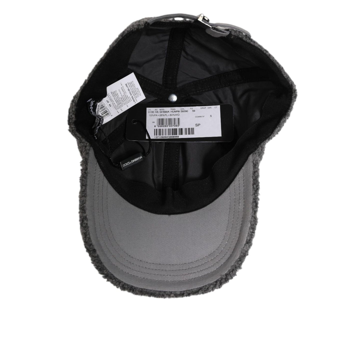 Interior view of Dolce & Gabbana Gray Wool Fleece Rapper Men Baseball Capello Hat showcasing adjustable fit and fleece material.