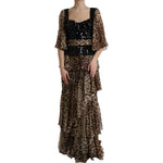 Dolce & Gabbana Leopard Print Silk Sequin Ruffle Maxi Dress with flowing tier design and elegant sequined bodice for sophisticated style.