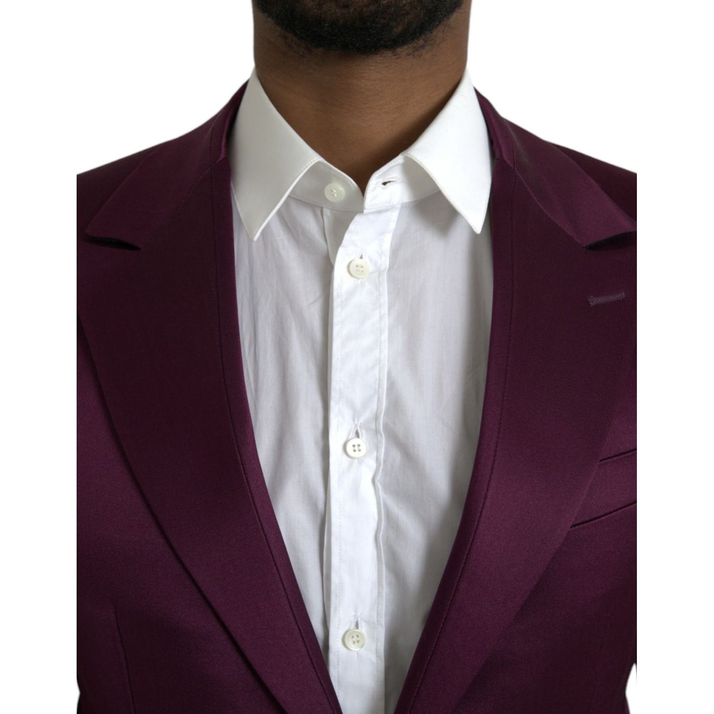 Dolce & Gabbana Maroon Silk Single Breasted Coat Blazer, close-up view of buttoned front with white shirt, high-quality craftsmanship