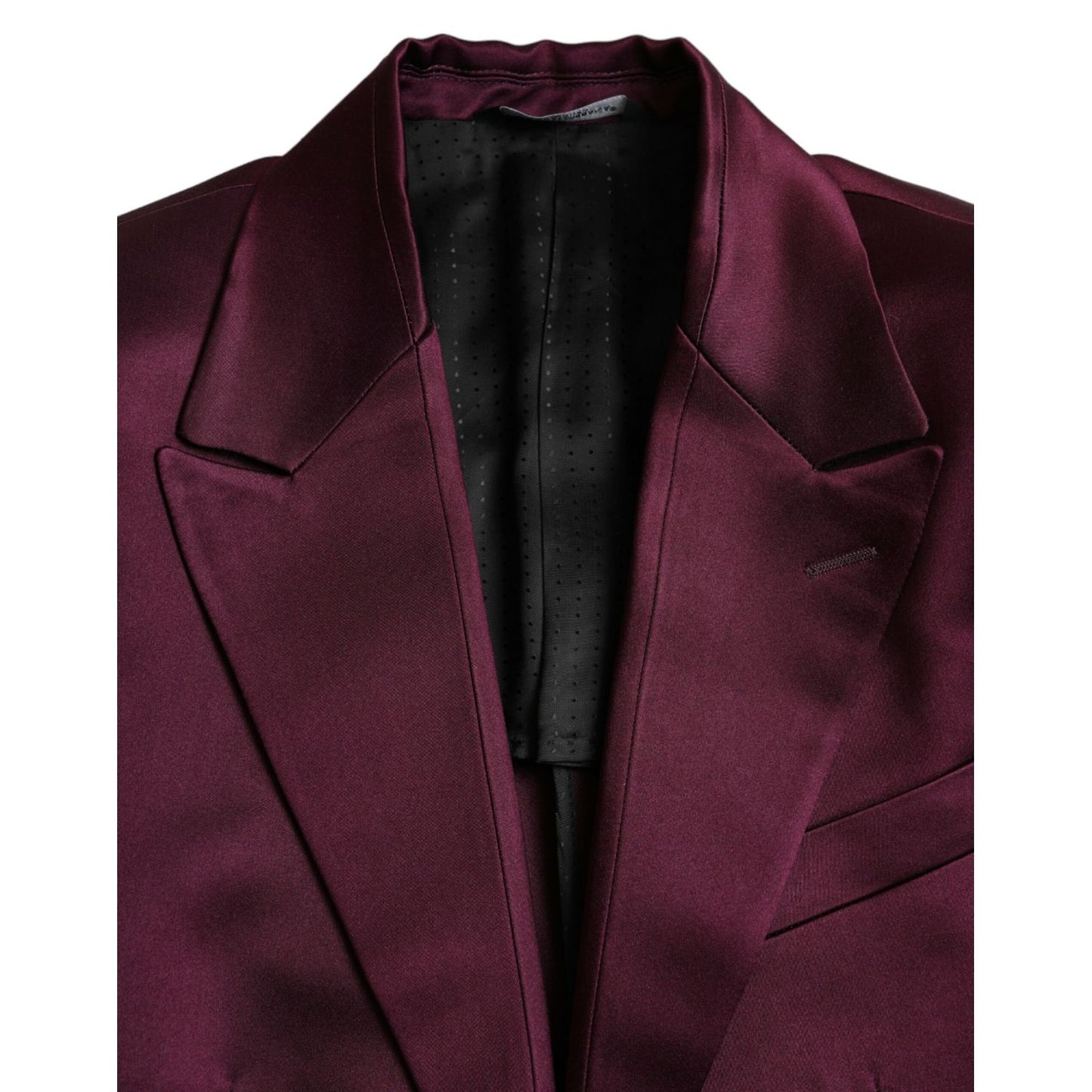 Dolce & Gabbana Maroon Silk Single Breasted Coat Blazer close-up, luxury two-button design, slim fit, made in Italy.