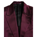 Dolce & Gabbana Maroon Silk Single Breasted Coat Blazer close-up, luxury two-button design, slim fit, made in Italy.