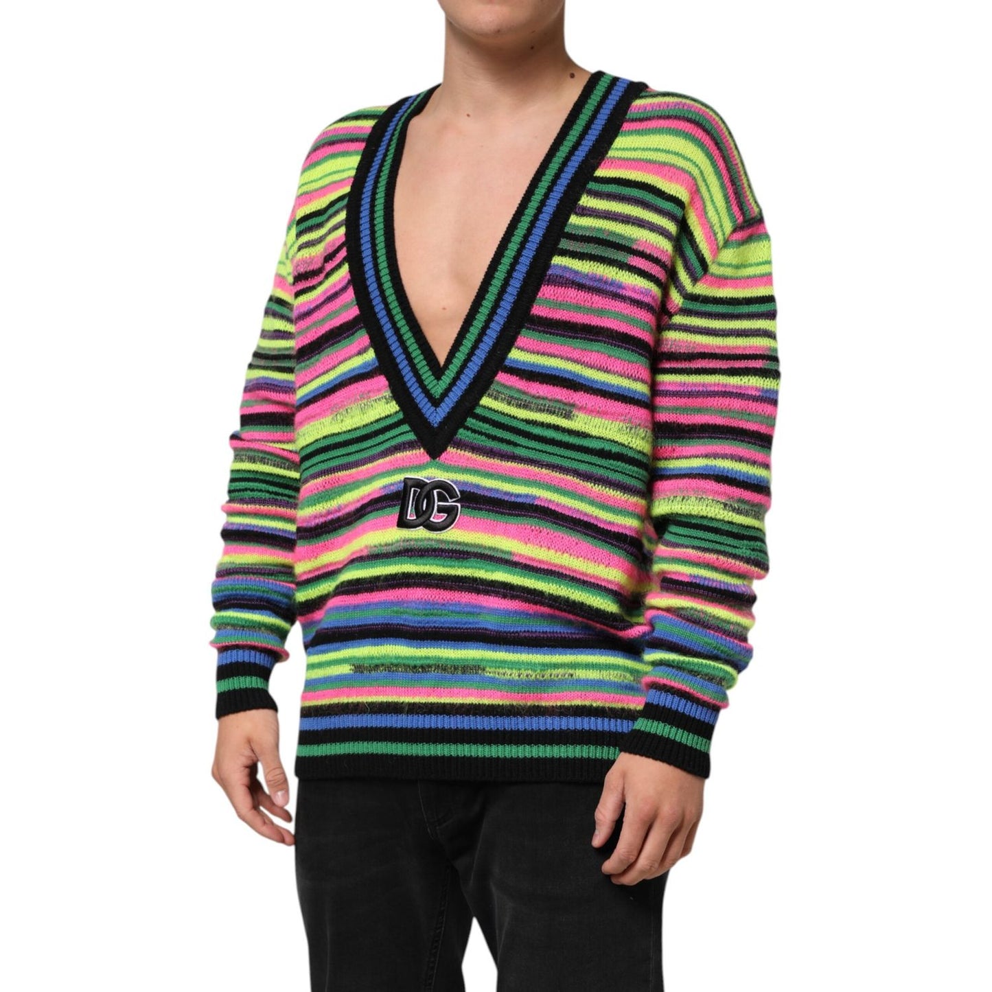 Dolce & Gabbana Multicolor DG Logo V-Neck Knit Pullover Sweater