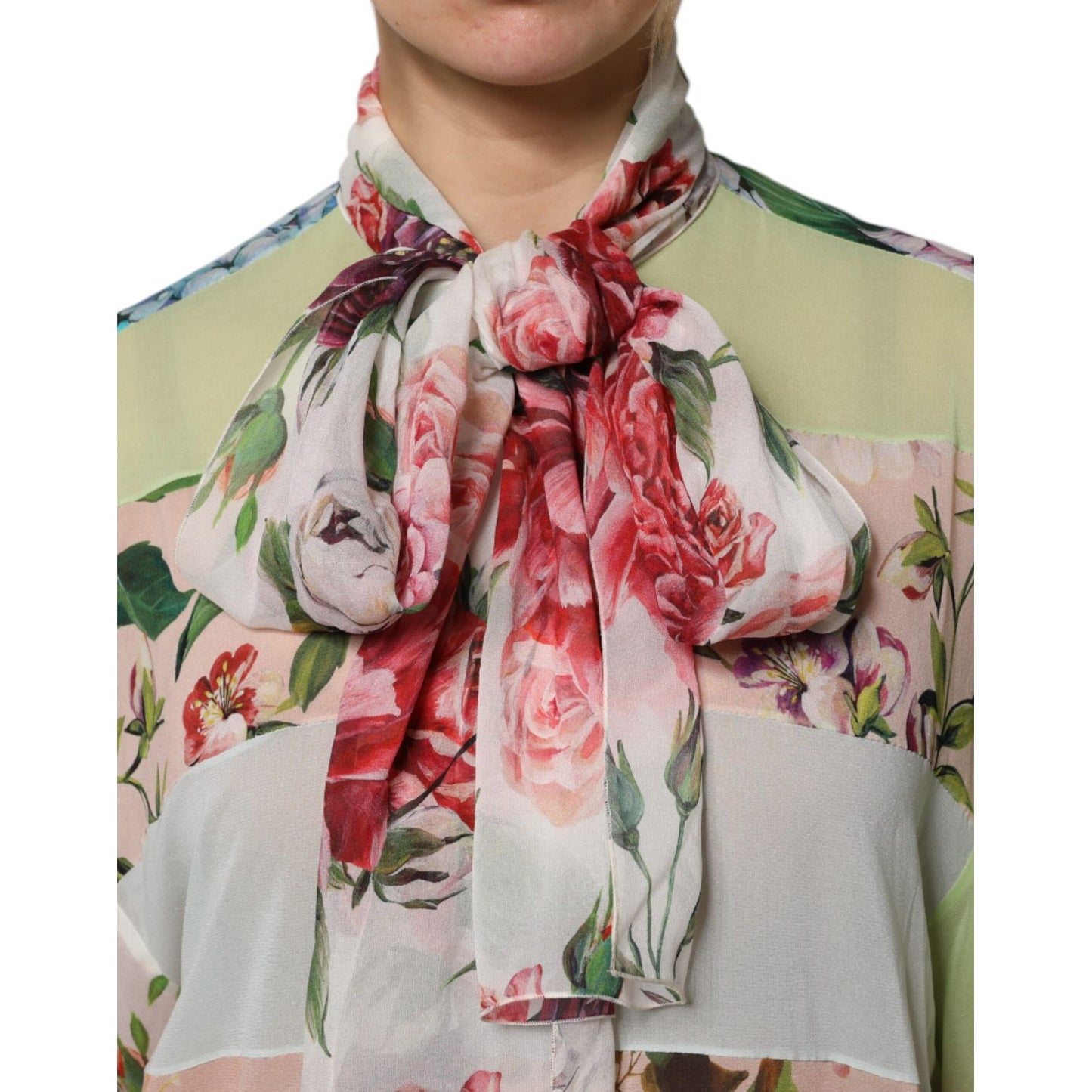 Dolce & Gabbana Multicolor Floral Patchwork Ascot Collar Top with vibrant floral prints and elegant ascot collar, Italian fashion statement.