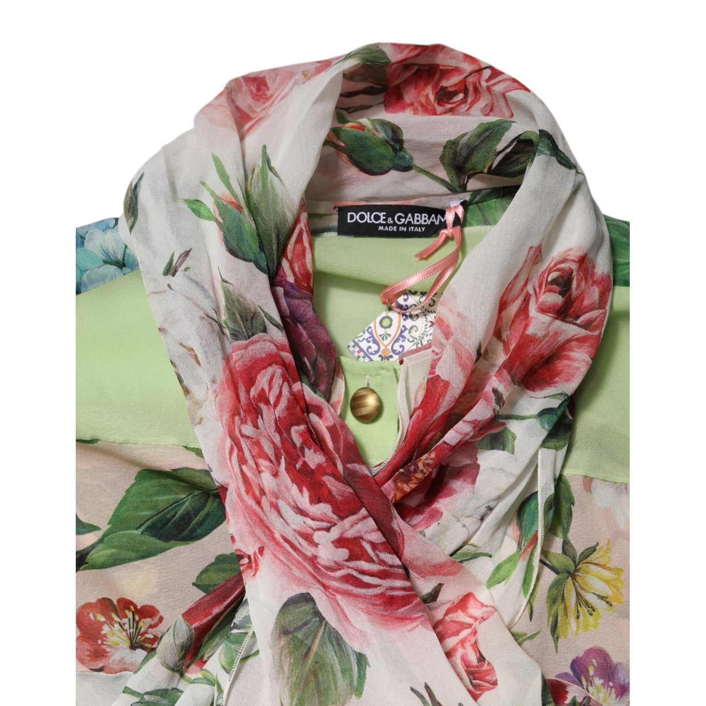Dolce & Gabbana Multicolor Floral Patchwork Ascot Collar Top with vibrant floral prints and elegant ascot collar detail.